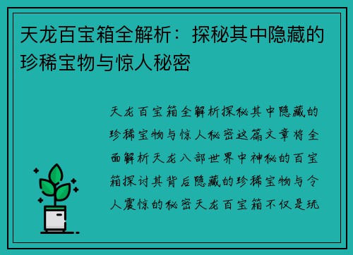 天龙百宝箱全解析：探秘其中隐藏的珍稀宝物与惊人秘密